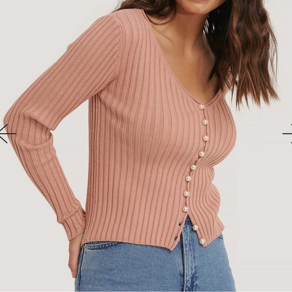 NA-KD pink pearl detailed knitted cardigan sweater long sleeve fitted size large